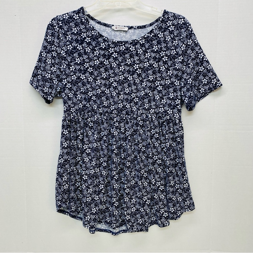 BomBom Womens Peplum Blue White Floral Top Size L Short Sleeve Round Neck Casual